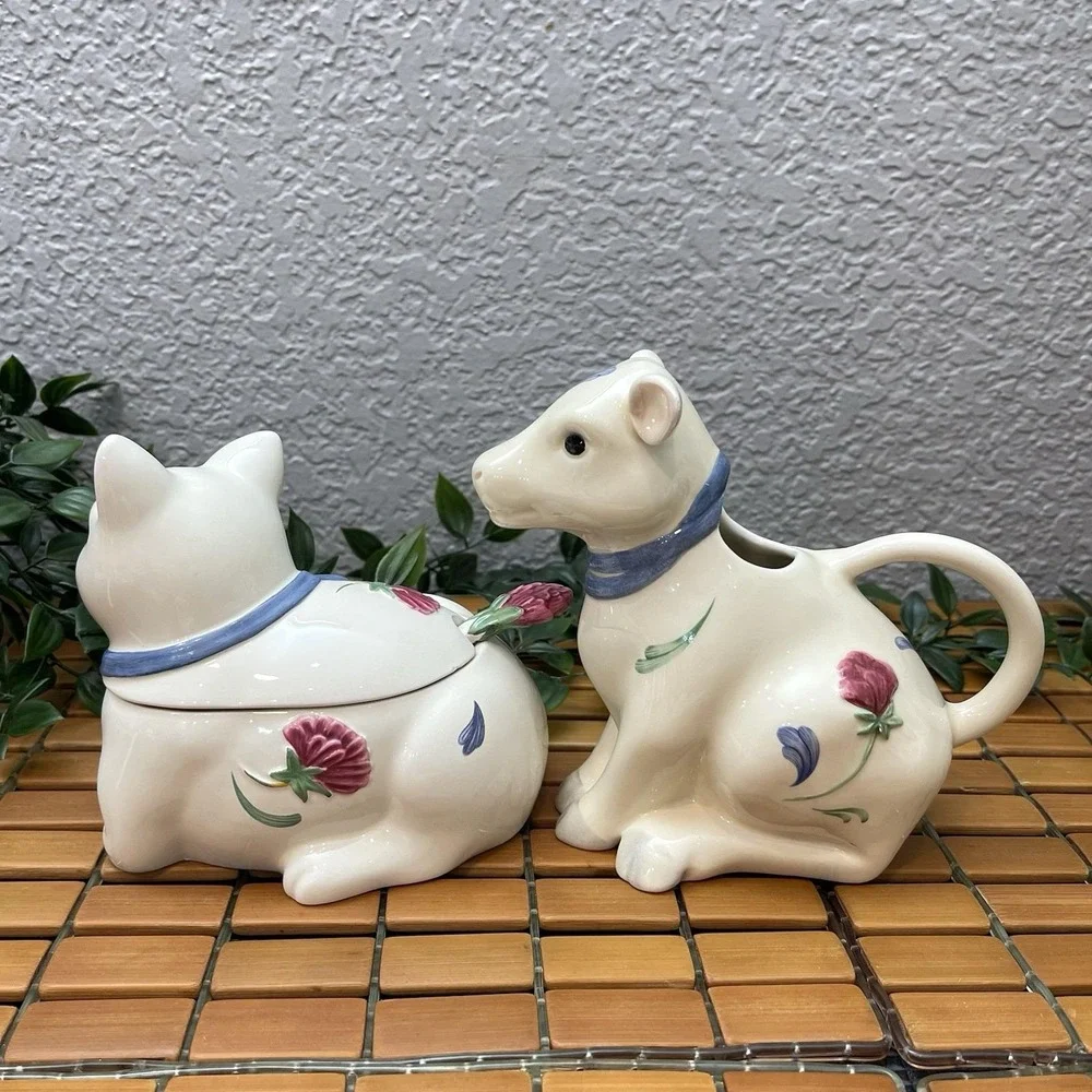 Vintage Lenox Poppies on Blue Cow Creamer Kitty Cat Sugar Bowl Barnyard Set 1998